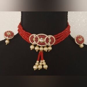 Red Beaded Pearl Drop Choker Necklace and Earrings Set